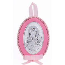 Серебряная детская иконка Скоропослушница Божия Матерь 8х11см на розовой подушечке для девочки