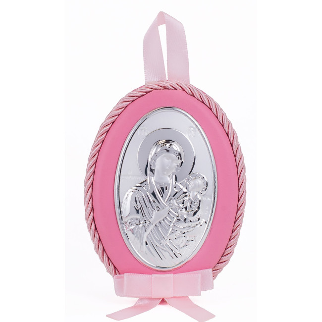 Серебряная детская иконка Скоропослушница Божия Матерь 8х11см на розовой подушечке для девочки