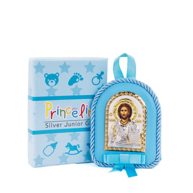 Дитяча іконка на синій подушечці Спаситель Ісус 8х10см в сріблі