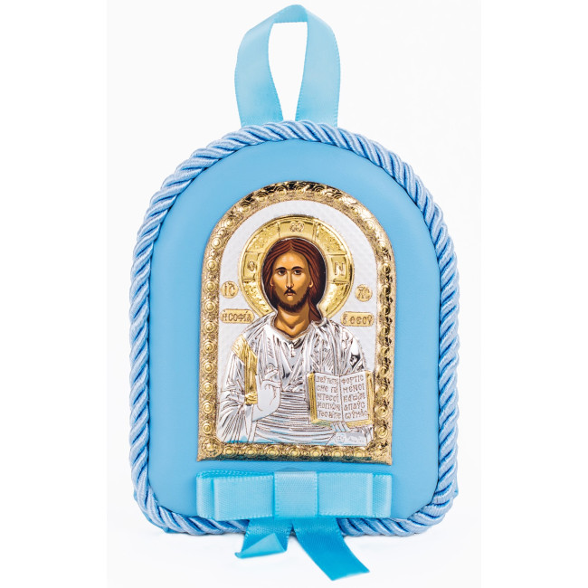 Дитяча іконка на синій подушечці Спаситель Ісус 8х10см в сріблі