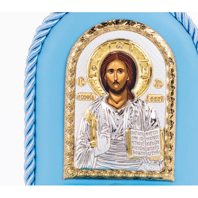 Дитяча іконка на синій подушечці Спаситель Ісус 8х10см в сріблі