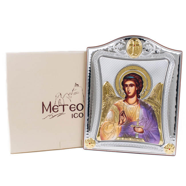 Срібна Ікона Ангел Хранитель 20х25см у срібній рамці, прикрашена позолотою з фіолетовою емаллю