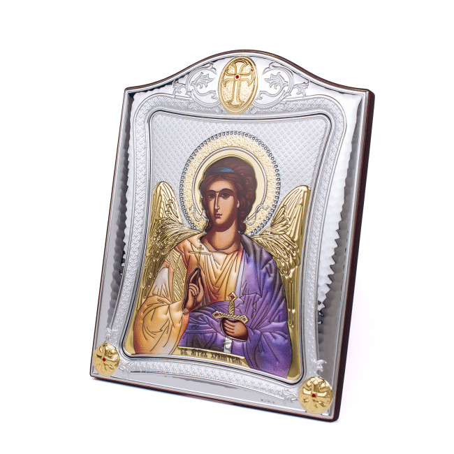 Срібна Ікона Ангел Хранитель 20х25см у срібній рамці, прикрашена позолотою з фіолетовою емаллю
