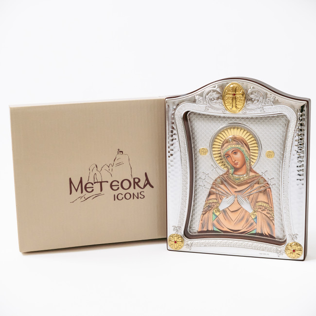 Срібна ікона Семистрільна Божа Матір 20х25см в різнобарвній емалі під склом