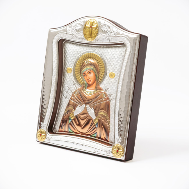 Срібна ікона Семистрільна Божа Матір 20х25см в різнобарвній емалі під склом