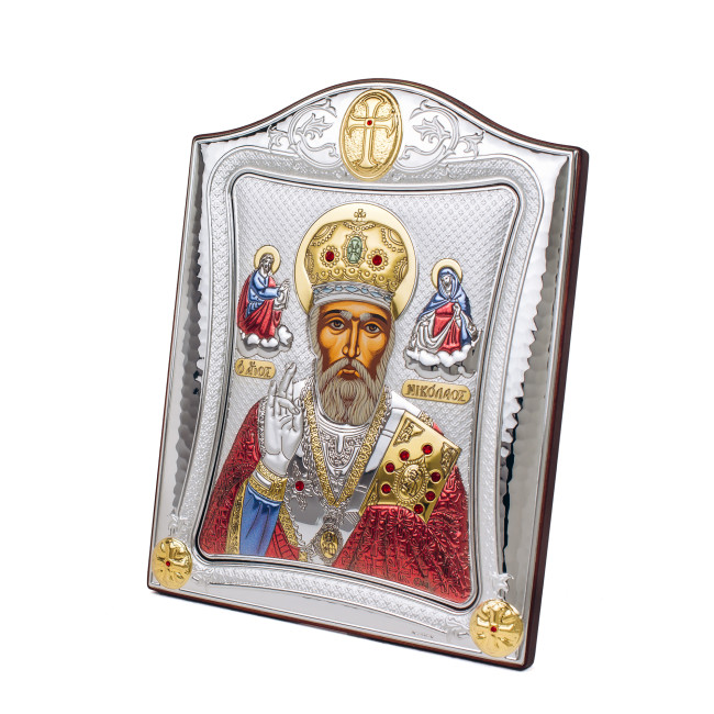 Срібна Ікона Миколая Чудотворця 20х25см у срібній рамці, прикрашена позолотою та емаллю