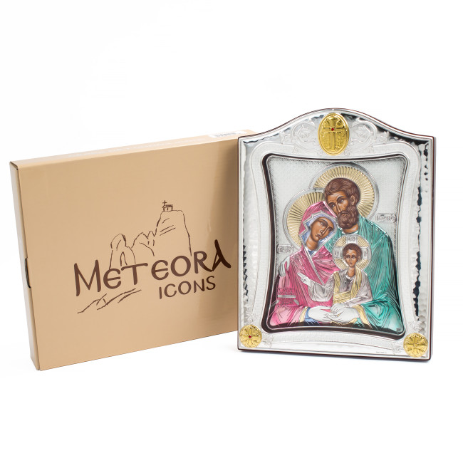 Срібна Ікона Святе Сімейство 20х25см у срібній рамці прикрашена позолотою та емаллю під склом