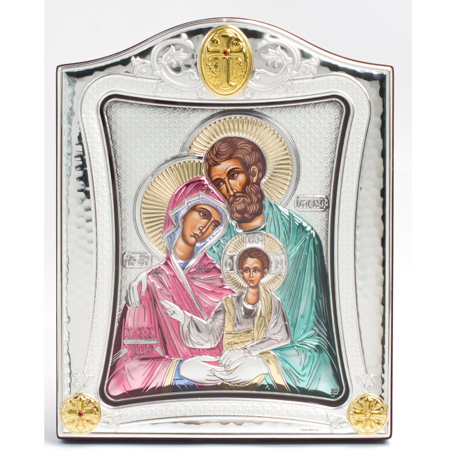 Срібна Ікона Святе Сімейство 20х25см у срібній рамці прикрашена позолотою та емаллю під склом