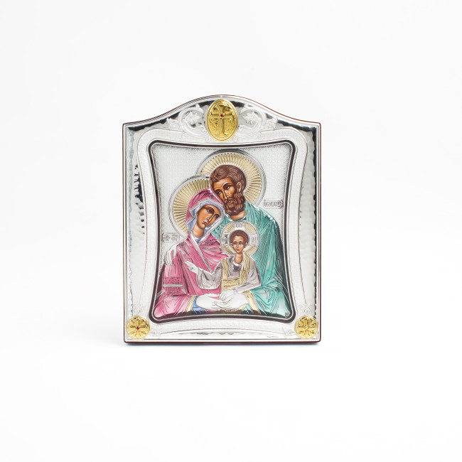 Срібна Ікона Святе Сімейство 20х25см у срібній рамці прикрашена позолотою та емаллю під склом