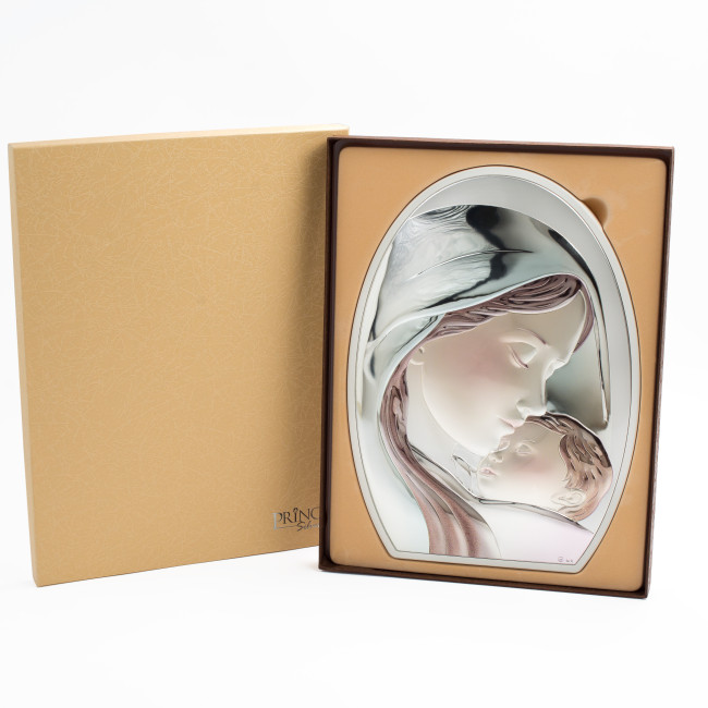 Срібна ікона Богородиця з немовлям, вкрита ювелірною емаллю 21,5х29,5см