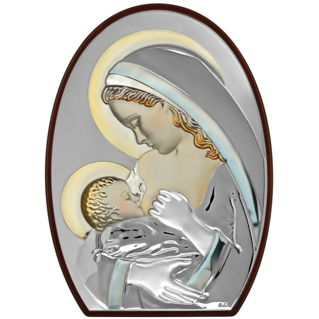 Серебряная Икона Богоматерь Кормилица  21,5x29,5см покрыта разноцветной ювелирной эмалью