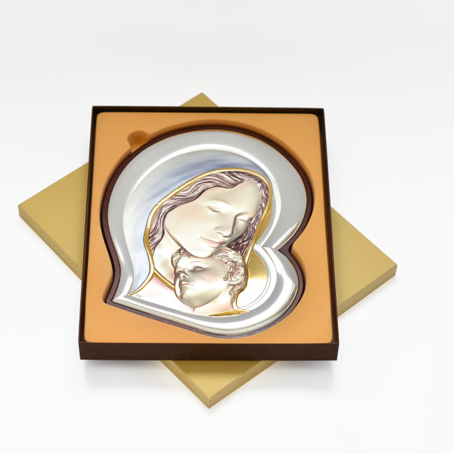 Срібна ікона Богородиця з немовлям у формі серця з емаллю 27х31см