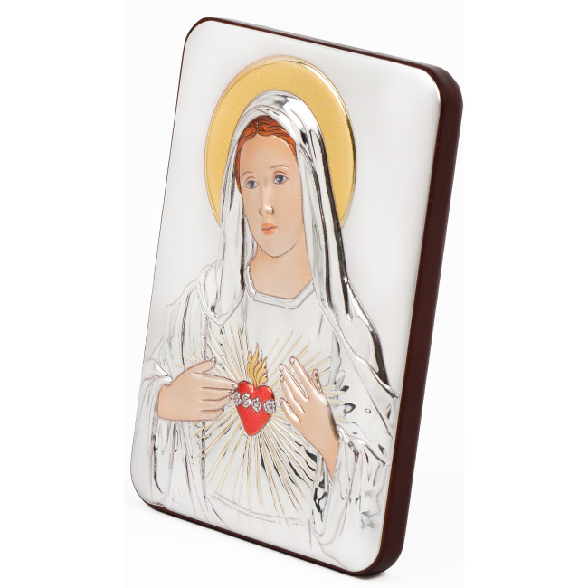 Срібна ікона Серце Марії у прямокутній формі з емаллю 7х10см