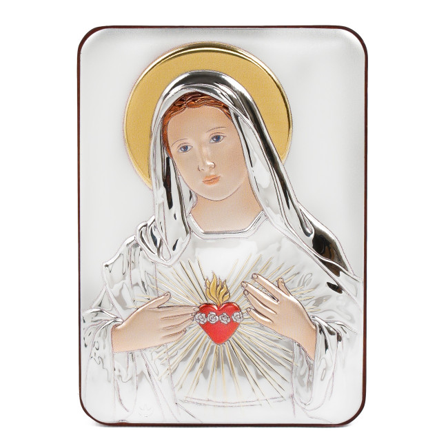 Срібна ікона Серце Марії у прямокутній формі з емаллю 7х10см
