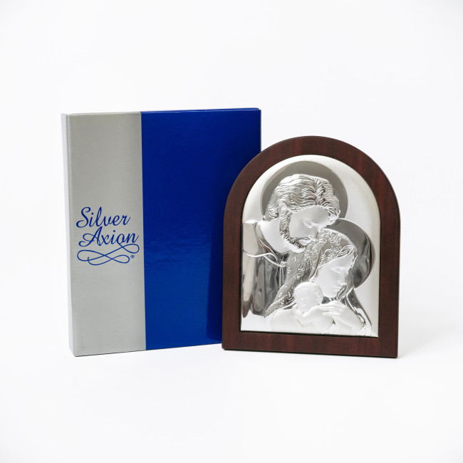 Серебряная икона Святая Семья арочной формы 25х20см на дереве с рамкой EP5-188XBG/S