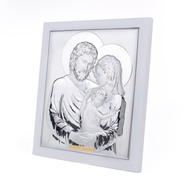 Срібна ікона Свята Сім'я прямокутної форми 28,6х24,8 см у білій рамці