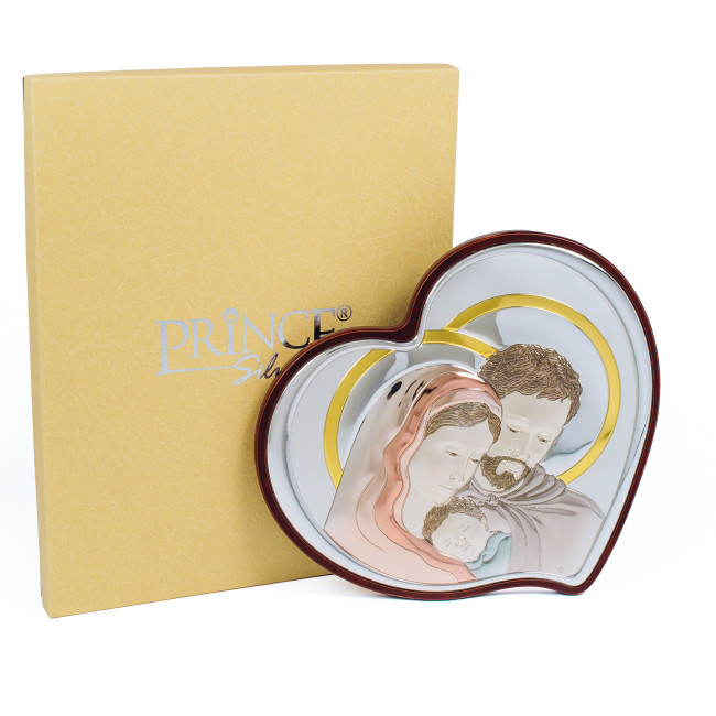 Срібна ікона Свята Сім'я 21,5х29,5см у формі серця з емаллю