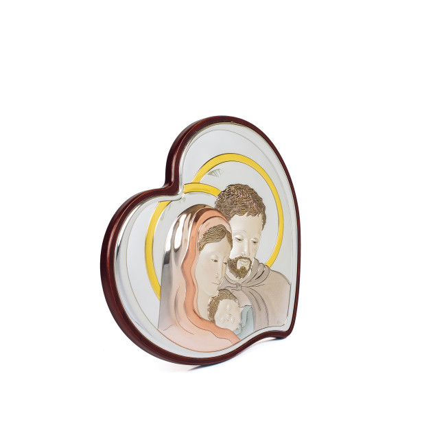 Срібна ікона Свята Сім'я 21,5х29,5см у формі серця з емаллю