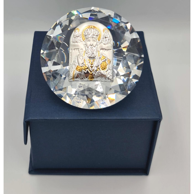 Ікона Миколая Чудотворця срібна в кришталі 6,1х6,1 см