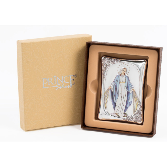 Срібна Ікона Божої Матері Непорочне Зачаття з емаллю 7х10см