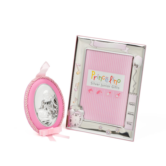 Срібна Фоторамка та Іконка на подушечці в розовому кольорі 13х17см