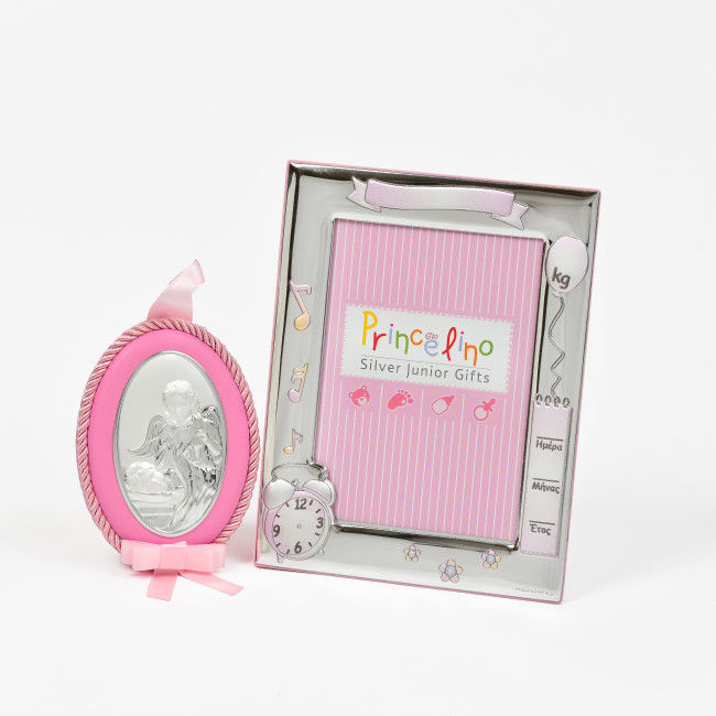 Срібна Фоторамка та Іконка на подушечці в розовому кольорі 13х17см