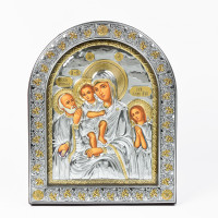 Богородиця Трьох Радостів 26х21см під склом арочної форми одіта в шкіру
