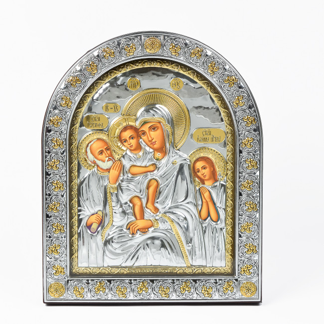 Срібна Ікона Богородиці Три Радості 26х21 см арочної форми під склом EPZ5-273AG-BR/P