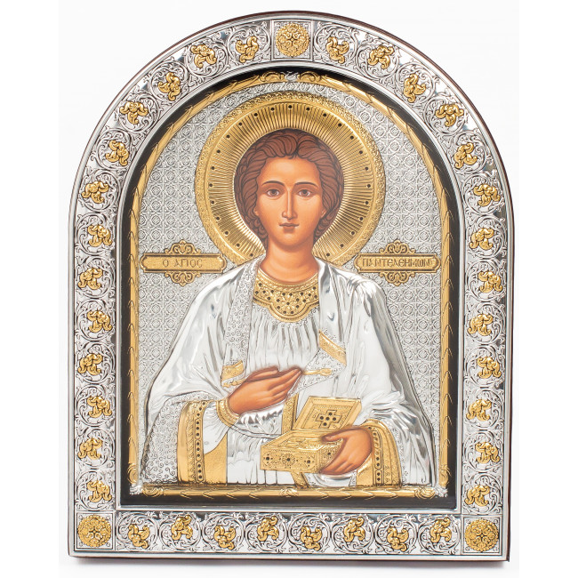 Срібна Ікона Святого Пантелеймона Цілителя 26х21 см арочної форми під склом EPZ5-023AG-BR/P