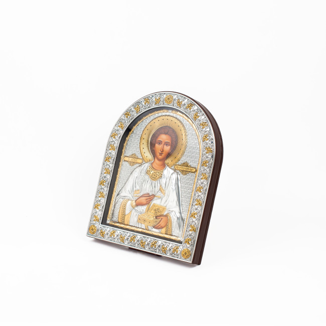 Срібна Ікона Святого Пантелеймона Цілителя 26х21 см арочної форми під склом EPZ5-023AG-BR/P