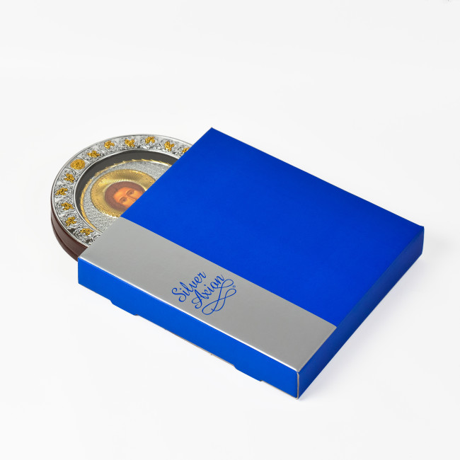 Срібна Ікона Святого Пантелеймона Цілителя 21,5х16,5см арочної форми під склом EPZ4-023AG-BR/P