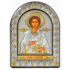 Святий Пантелеймон Цілитель 15,5x12см під склом арочної форми одіта в шкіру