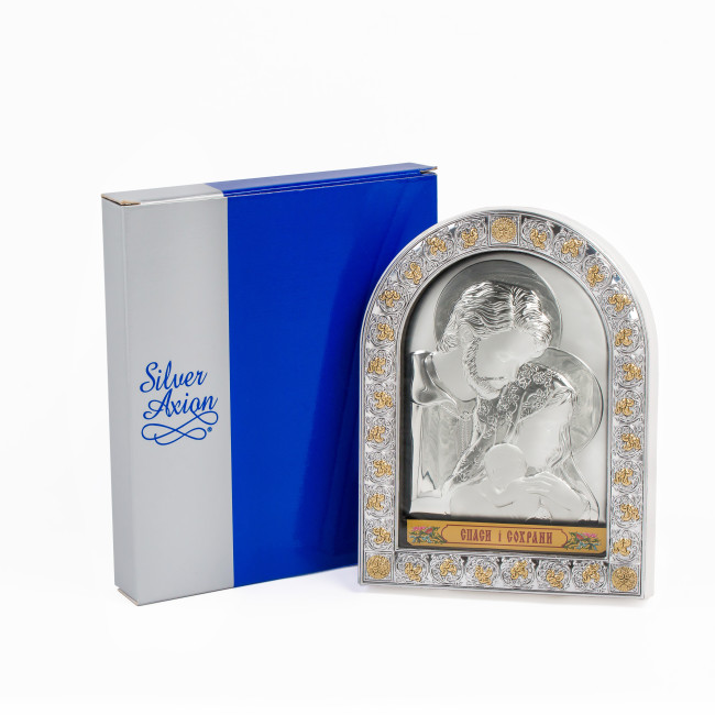 Срібна Ікона Свята Сім'я 15,5x12см в італійському стилі арочної форми під склом в білій шкірі EPZ3-188AG