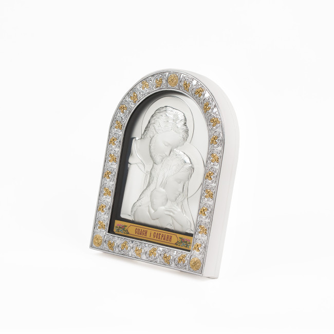 Срібна Ікона Свята Сім'я 15,5x12см в італійському стилі арочної форми під склом в білій шкірі EPZ3-188AG