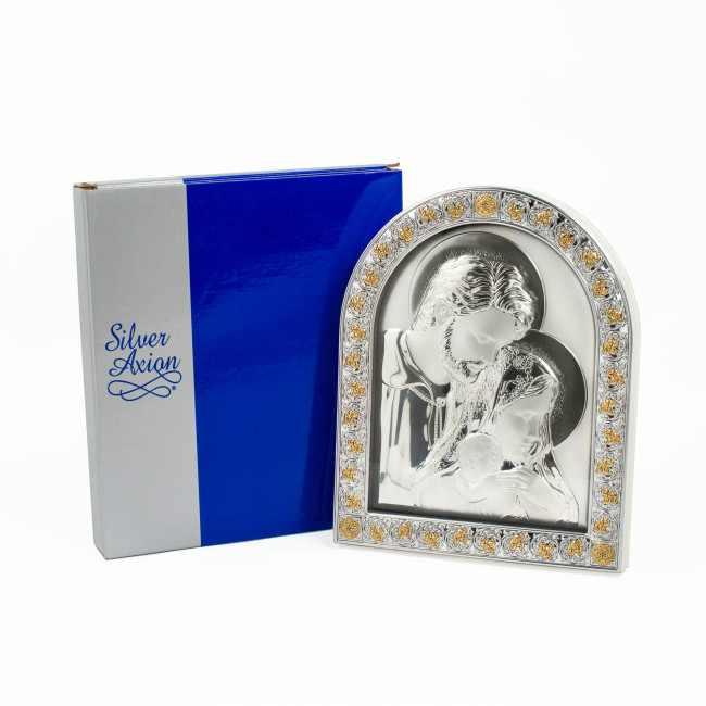 Срібна Ікона Свята Сім'я 26х21см в італійському стилі арочної форми під склом в білій шкірі EPZ5-188AG