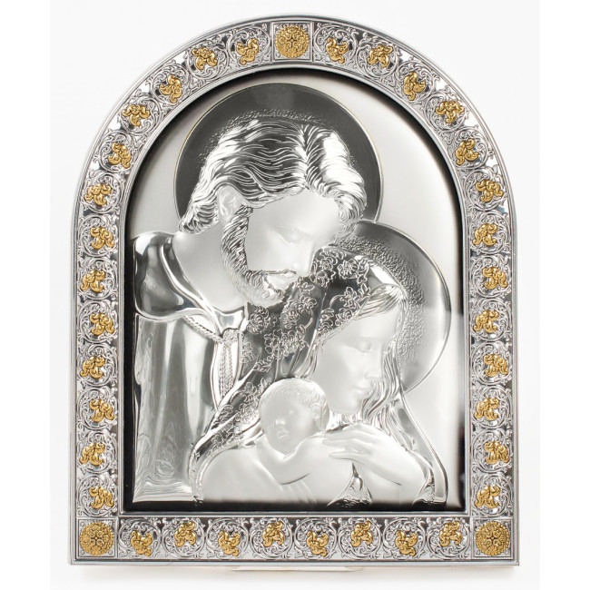 Срібна Ікона Свята Сім'я 26х21см в італійському стилі арочної форми під склом в білій шкірі EPZ5-188AG