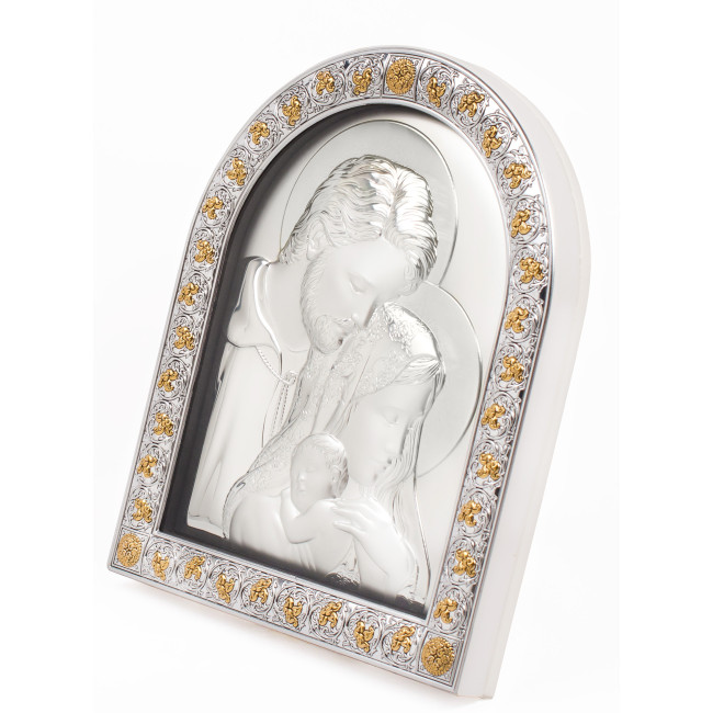 Срібна Ікона Свята Сім'я 26х21см в італійському стилі арочної форми під склом в білій шкірі EPZ5-188AG