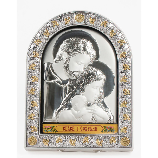 Срібна Ікона Свята Сім'я 21,5х16,5см в італійському стилі арочної форми під склом в білій шкірі EPZ4-188AG/S