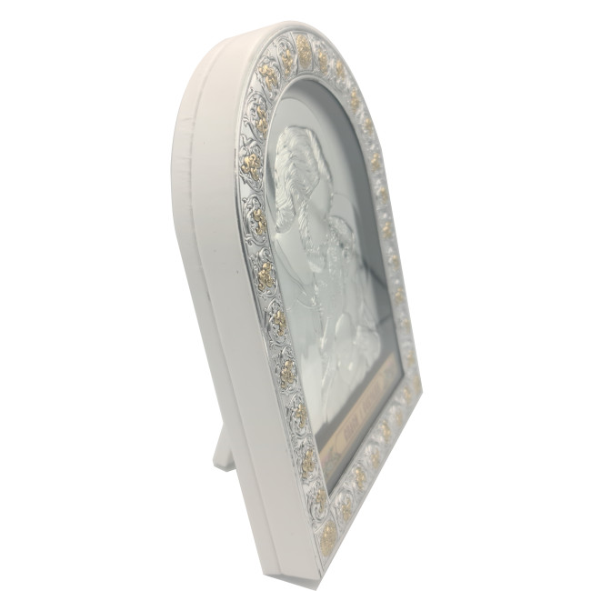 Срібна Ікона Свята Сім'я 21,5х16,5см в італійському стилі арочної форми під склом в білій шкірі EPZ4-188AG/S