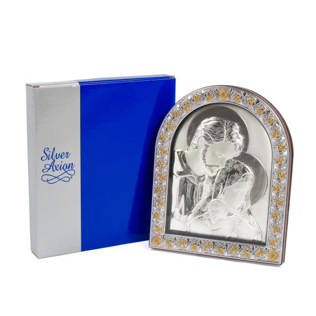 Срібна Ікона Свята Сім'я 26х21см в італійському стилі іконографії арочної форми під склом в коричневій шкірі EPZ5-188BG-BR/S