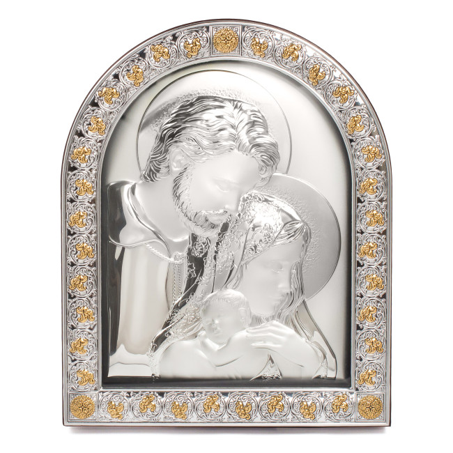 Срібна Ікона Свята Сім'я 26х21см в італійському стилі іконографії арочної форми під склом в коричневій шкірі EPZ5-188BG-BR/S