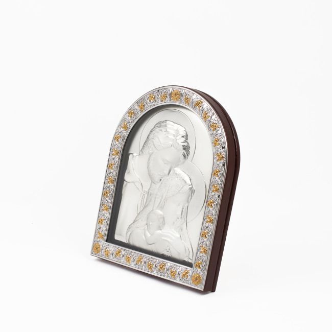 Срібна Ікона Свята Сім'я 26х21см в італійському стилі іконографії арочної форми під склом в коричневій шкірі EPZ5-188BG-BR/S