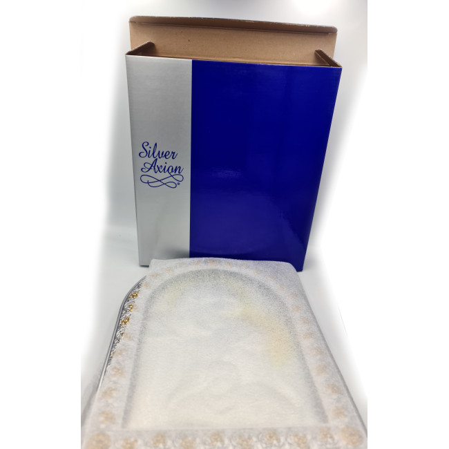 Срібна Ікона Свята Сім'я 26х21см в італійському стилі іконографії арочної форми під склом в коричневій шкірі EPZ5-188BG-BR/S