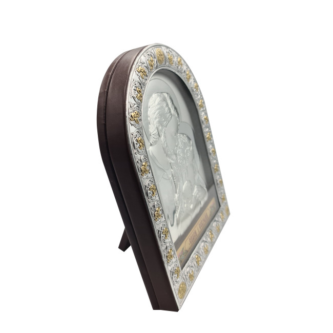 Срібна Ікона Свята Сім'я 21,5х16,5см в італійському стилі іконографії арочної форми під склом в коричневій шкірі EPZ4-188BG-BR/S