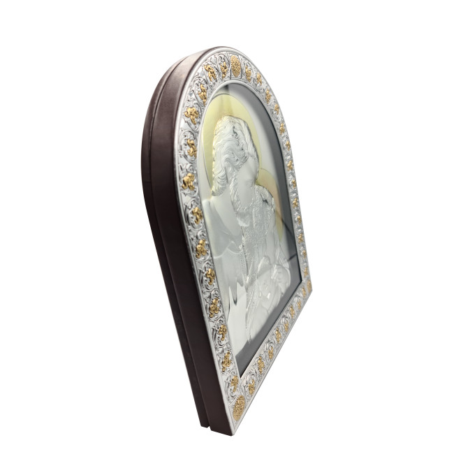 Срібна Ікона Свята Сім'я 15х21см в італійському стилі іконографії арочної форми під склом в коричневій шкірі EPZ3-188BG-BR/S