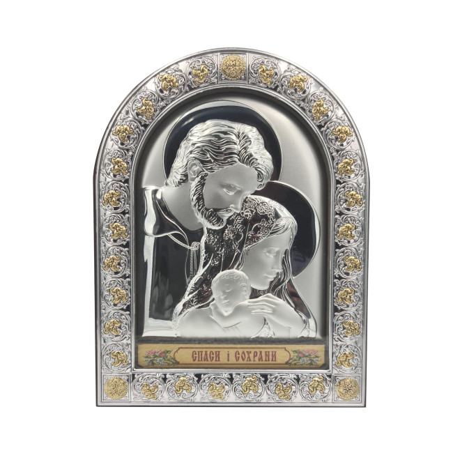 Срібна Ікона Свята Сім'я 15х21см в італійському стилі іконографії арочної форми під склом в коричневій шкірі EPZ3-188BG-BR/S