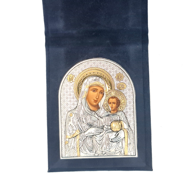 Дорожня Іконка Єрусалимська Богородиця 5,5х7см срібна в оксамитовій книжечці