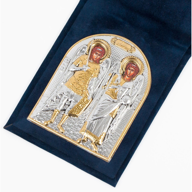 Дорожня Іконка Михаїл на Гавриїл 5,5х7см срібна в оксамитовій книжечці