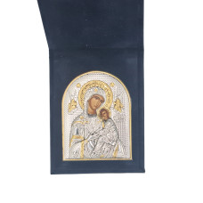 Дорожня Іконка Богородиці Неустанної Допомоги "Страсна" 5,5х7см срібна в оксамитовій книжечці