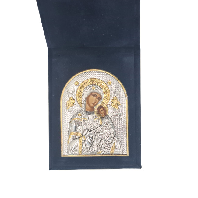 Дорожня Іконка Богородиці Неустанної Допомоги "Страсна" 5,5х7см срібна в оксамитовій книжечці